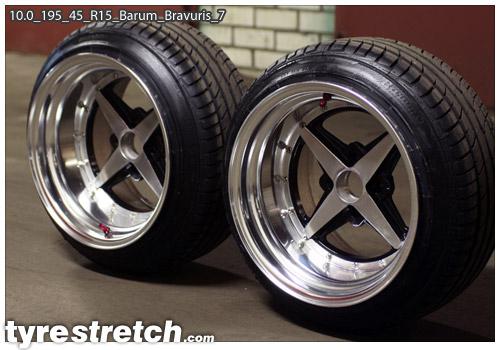 An example of tyre stretch: 195/45 R15 on 10.0J – BARUM