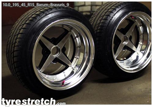 An example of tyre stretch: 195/45 R15 on 10.0J – BARUM