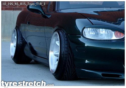 An example of tyre stretch: 195/45 R15 on 10.0J – TOYO
