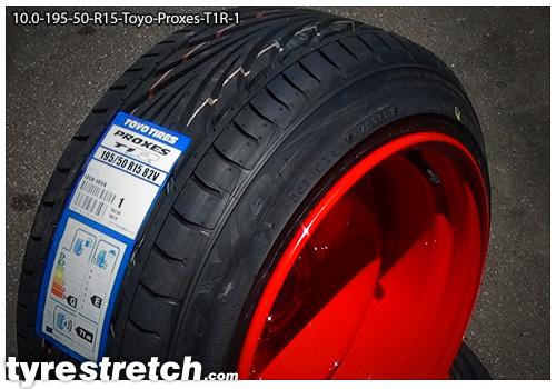 An example of tyre stretch: 195/50 R15 on 10.0J – TOYO