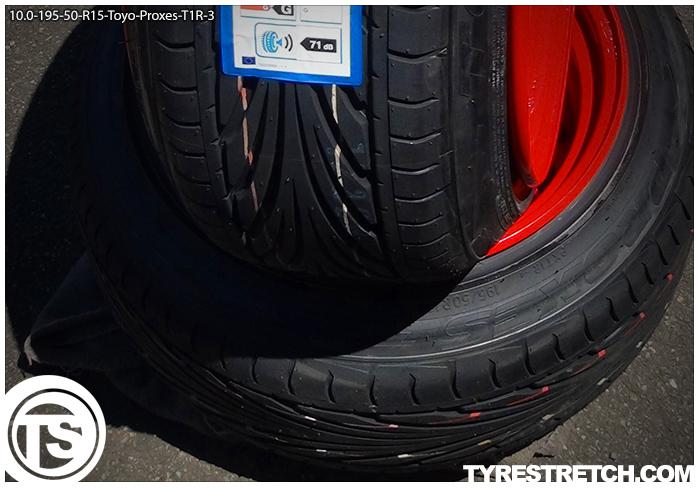 An example of tyre stretch: 195/50 R15 on 10.0J – TOYO