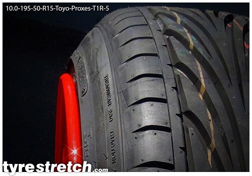 An example of tyre stretch: 195/50 R15 on 10.0J – TOYO