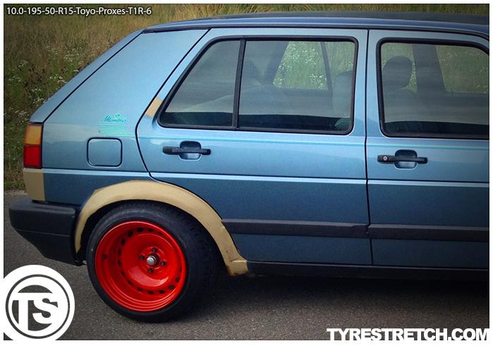 An example of tyre stretch: 195/50 R15 on 10.0J – TOYO