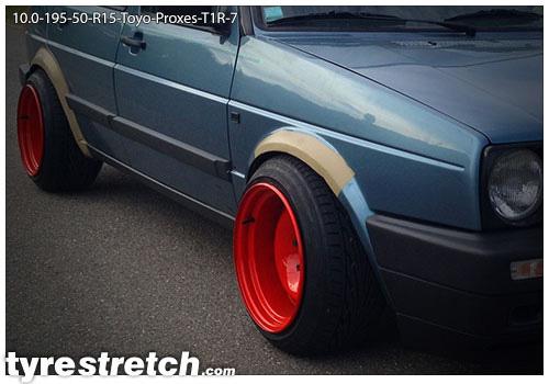 An example of tyre stretch: 195/50 R15 on 10.0J – TOYO