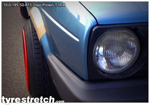 An example of tyre stretch: 195/50 R15 on 10.0J – TOYO