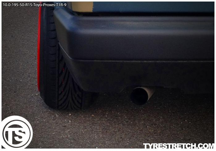 An example of tyre stretch: 195/50 R15 on 10.0J – TOYO