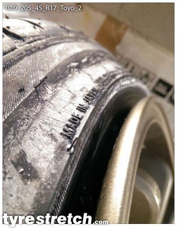 An example of tyre stretch: 205/45 R17 on 10.0J – TOYO