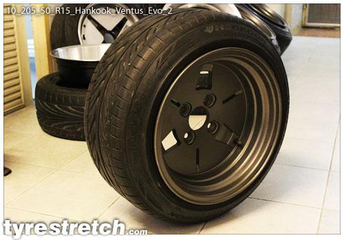 An example of tyre stretch: 205/50 R15 on 10.0J – HANKOOK