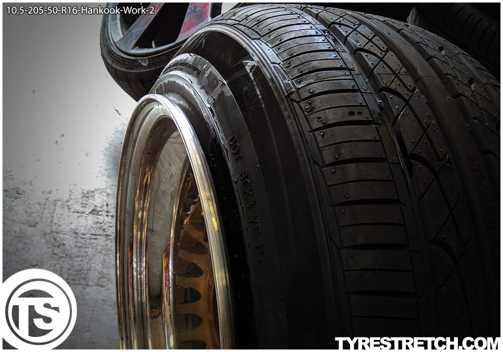 An example of tyre stretch: 205/50 R16 on 10.5J – HANKOOK (WORK)