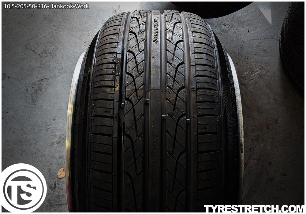An example of tyre stretch: 205/50 R16 on 10.5J – HANKOOK (WORK)