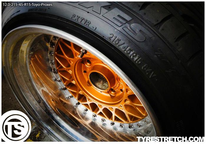 An example of tyre stretch: 215/45 R15 on 12.0J – TOYO