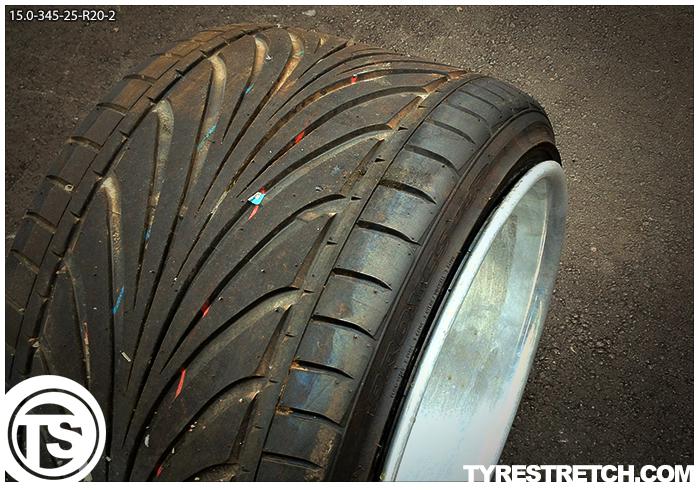 An example of tyre stretch: 345/25 R20 on 15.0J – TOYO