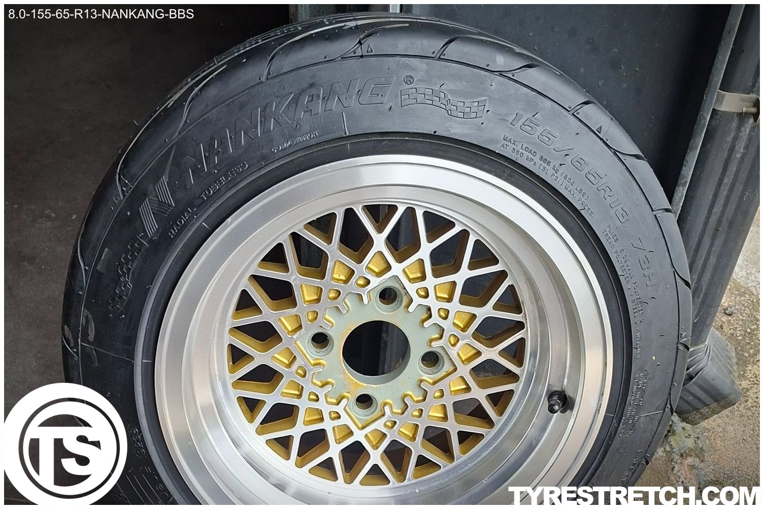 An example of tyre stretch: 155/65 R13 on 8.0J – NANKANG (BBS)