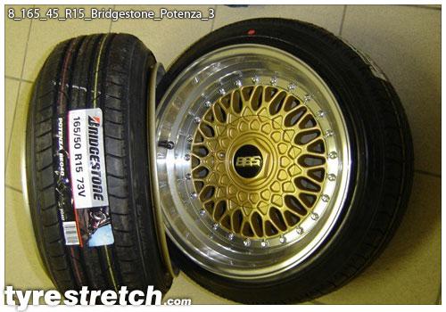 An example of tyre stretch: 165/45 R15 on 8.0J – BRIDGESTONE