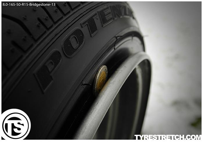 An example of tyre stretch: 165/50 R15 on 8.0J – BRIDGESTONE