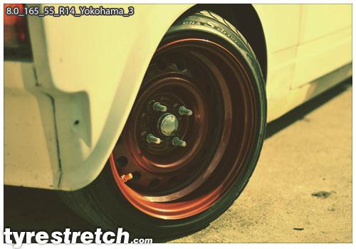 An example of tyre stretch: 165/55 R14 on 8.0J – YOKOHAMA