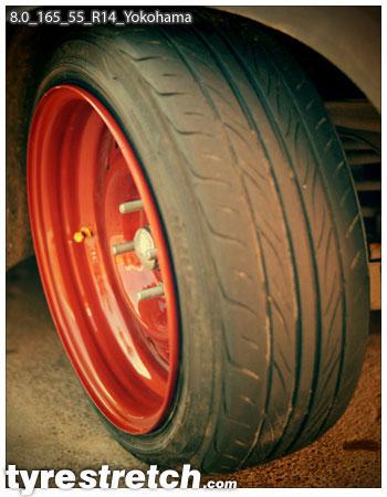 An example of tyre stretch: 165/55 R14 on 8.0J – YOKOHAMA