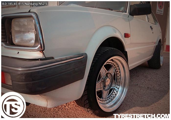 An example of tyre stretch: 185/45 R15 on 8.0J – NANKANG