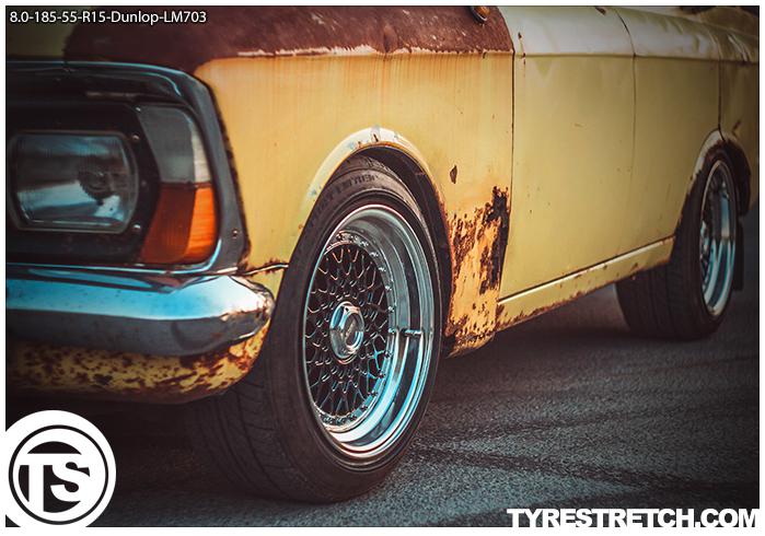 An example of tyre stretch: 185/55 R15 on 8.0J – DUNLOP