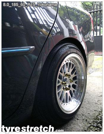 An example of tyre stretch: 185/60 R15 on 8.0J – YOKOHAMA