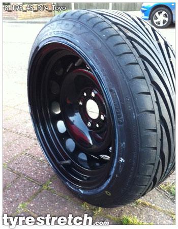 An example of tyre stretch: 195/45 R14 on 8.0J – TOYO