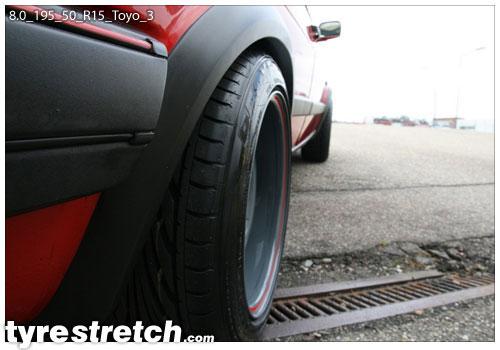 An example of tyre stretch: 195/50 R15 on 8.0J – TOYO