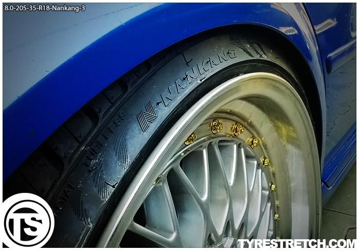 An example of tyre stretch: 205/35 R18 on 8.0J – NANKANG (BBS)