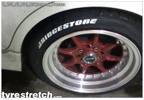 An example of tyre stretch: 205/45 R16 on 8.0J – BRIDGESTONE