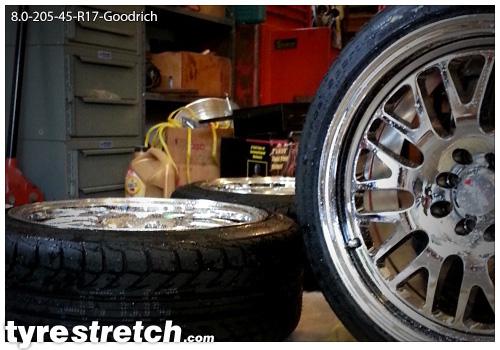 An example of tyre stretch: 205/45 R17 on 8.0J – GOODRICH