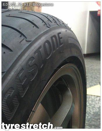 An example of tyre stretch: 205/50 R17 on 8.0J – BRIDGESTONE