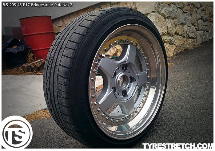 An example of tyre stretch: 205/45 R17 on 8.5J – BRIDGESTONE (BBS)