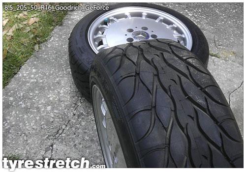 An example of tyre stretch: 205/50 R16 on 8.5J – GOODRICH