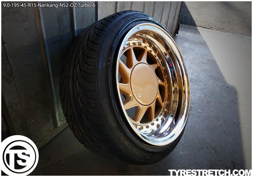 An example of tyre stretch: 195/45 R15 on 9.0J – NANKANG (OZ)