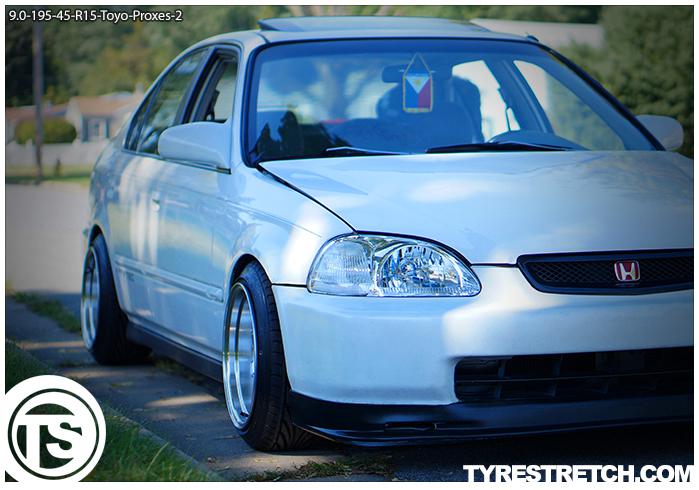 An example of tyre stretch: 195/45 R15 on 9.0J – TOYO