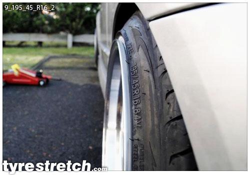 An example of tyre stretch: 195/45 R16 on 9.0J
