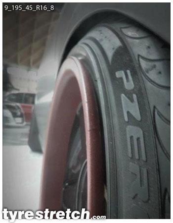 An example of tyre stretch: 195/45 R16 on 9.0J