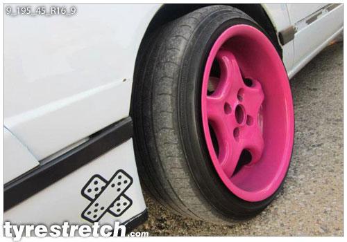 An example of tyre stretch: 195/45 R16 on 9.0J