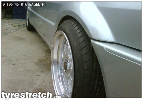 An example of tyre stretch: 195/45 R16 on 9.0J – GOODYEAR