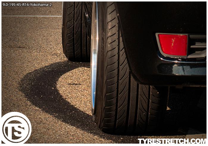 An example of tyre stretch: 195/45 R16 on 9.0J – YOKOHAMA