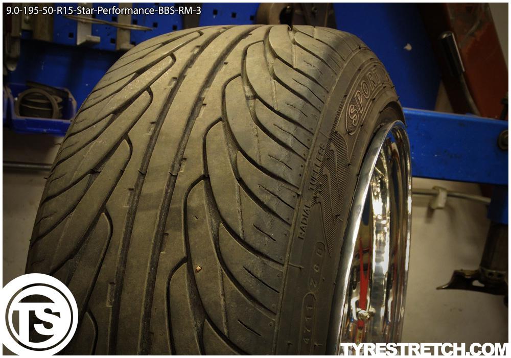 An example of tyre stretch: 195/50 R15 on 9.0J – STAR PERFORMER (BBS)