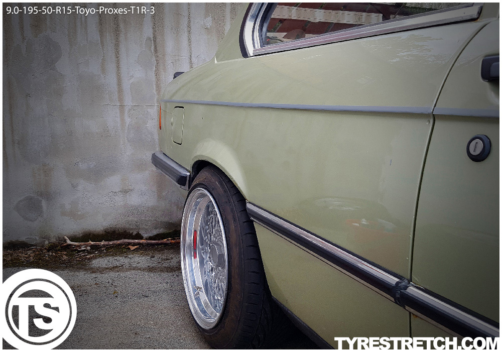 An example of tyre stretch: 195/50 R15 on 9.0J – TOYO