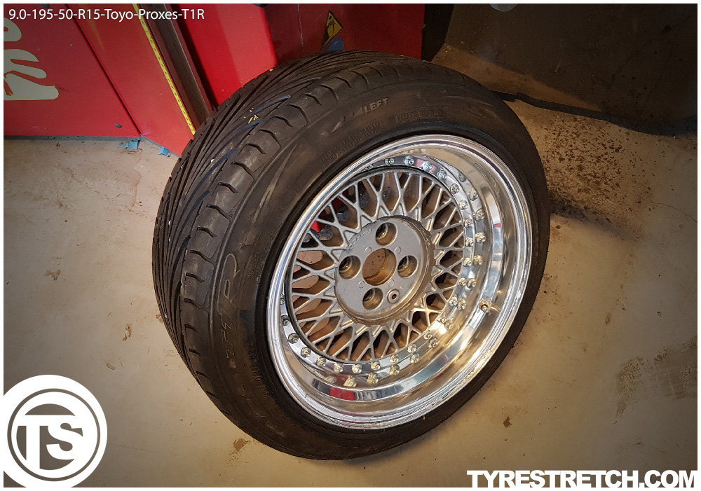An example of tyre stretch: 195/50 R15 on 9.0J – TOYO