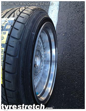 An example of tyre stretch: 195/50 R16 on 9.0J – DUNLOP