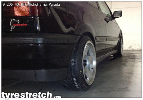 An example of tyre stretch: 205/40 R16 on 9.0J – YOKOHAMA