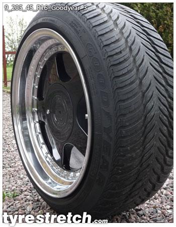 An example of tyre stretch: 205/45 R16 on 9.0J – GOODYEAR