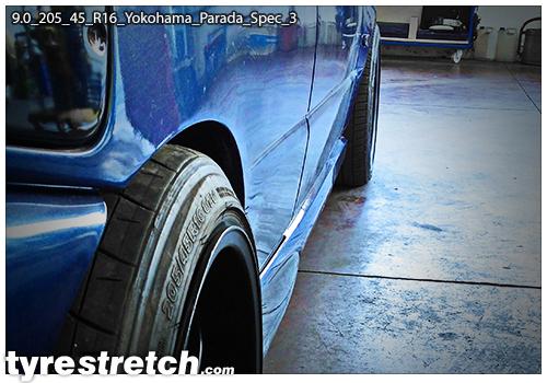 An example of tyre stretch: 205/45 R16 on 9.0J – YOKOHAMA
