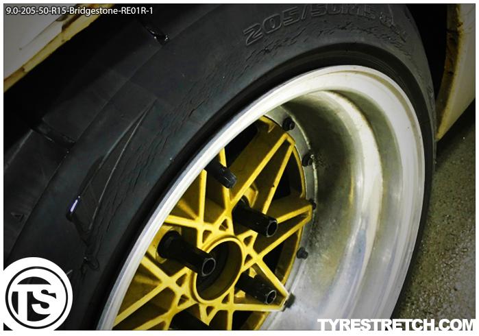 An example of tyre stretch: 205/50 R15 on 9.0J – BRIDGESTONE