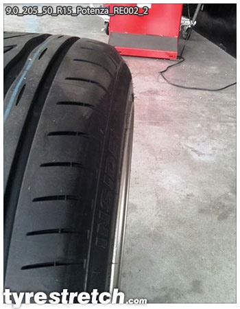An example of tyre stretch: 205/50 R15 on 9.0J – BRIDGESTONE