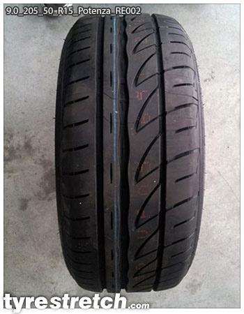 An example of tyre stretch: 205/50 R15 on 9.0J – BRIDGESTONE
