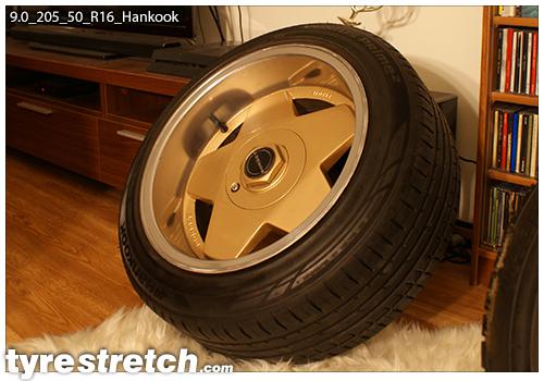 An example of tyre stretch: 205/50 R16 on 9.0J – HANKOOK